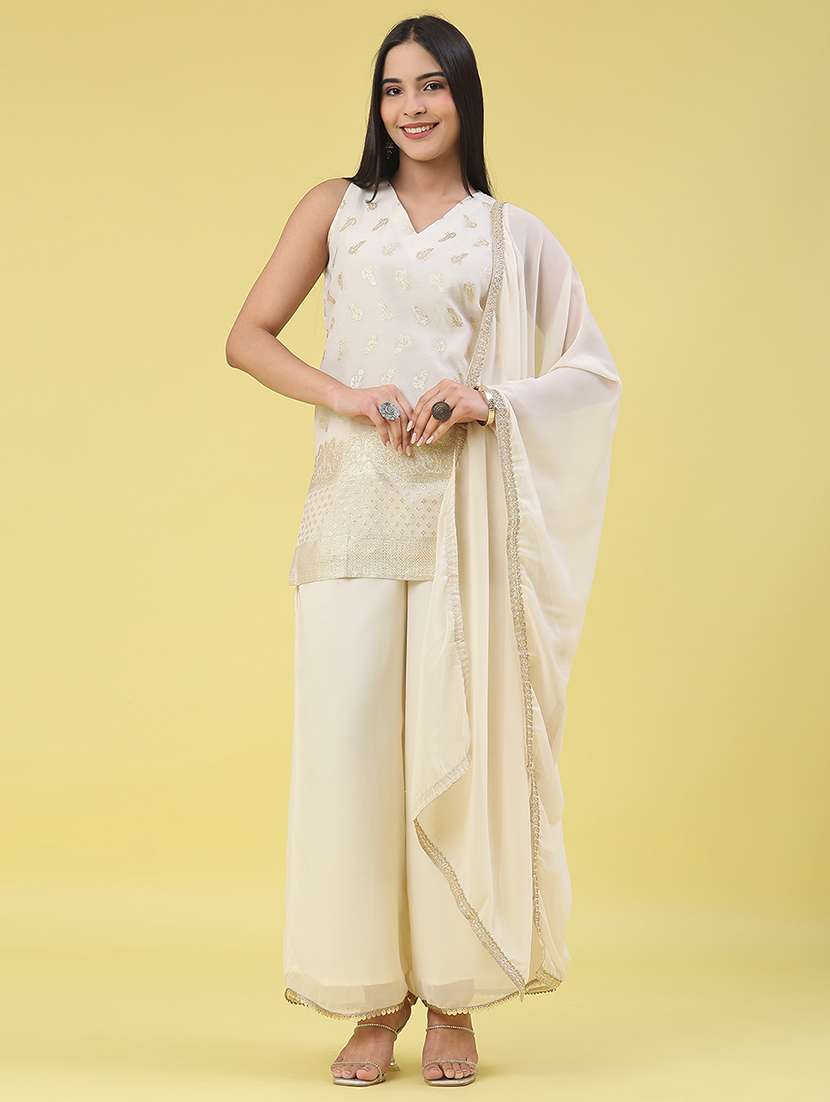 women self design sleeveless kurta palazzo with dupatta set - 21977010 -  Standard Image - 1