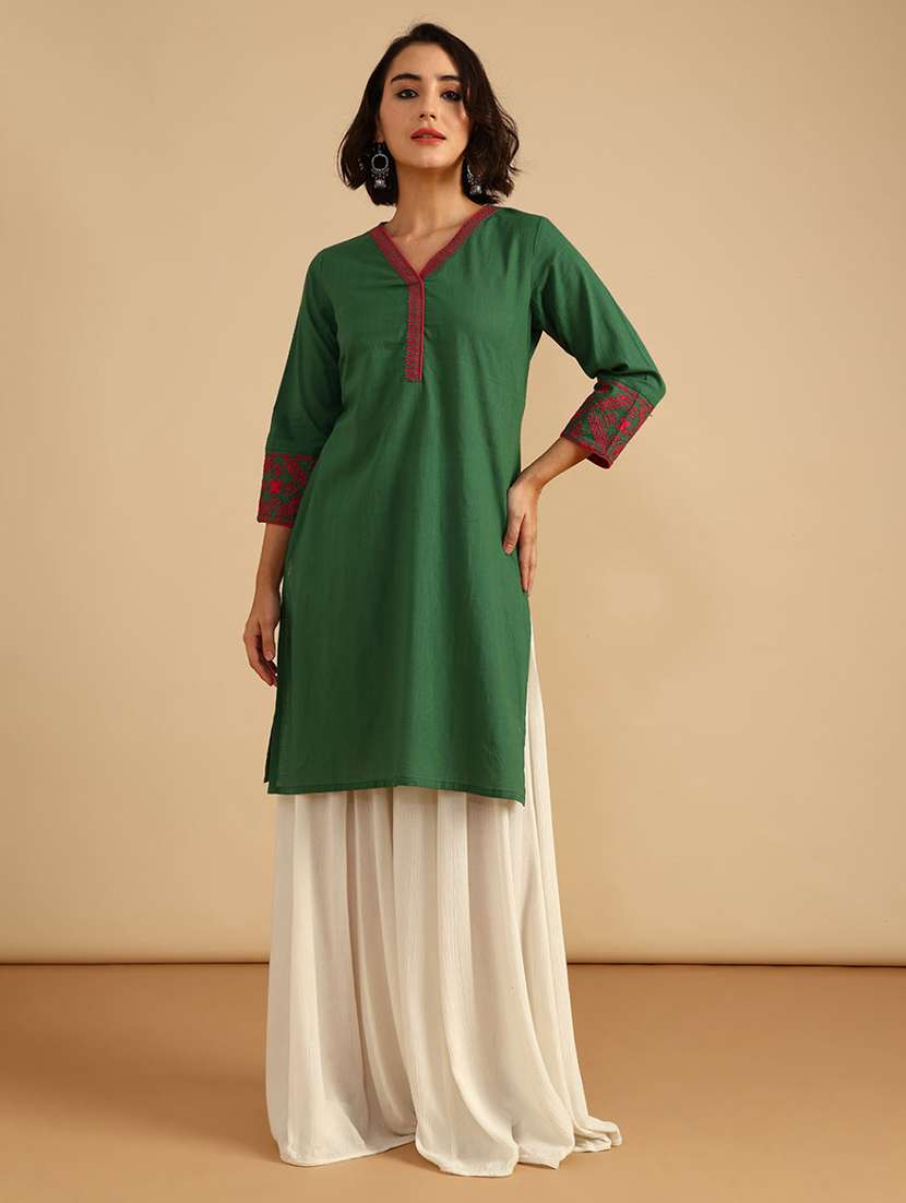 women solid three quarter sleeve straight kurta - 21977106 -  Standard Image - 1