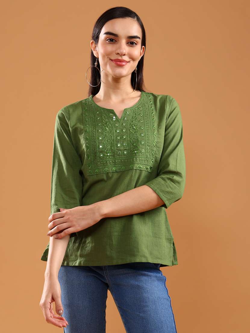 women embroidered three quarter sleeve kurti