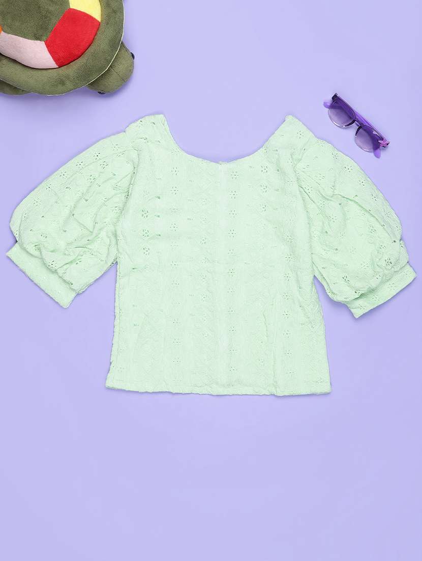 girls solid puff sleeve schiffli top - 21977177 -  Standard Image - 1
