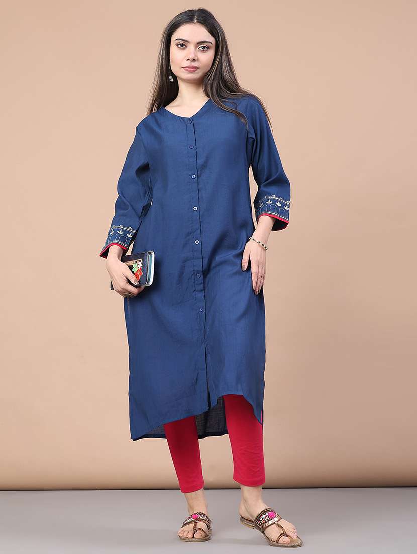 women solid three quarter sleeve a-line kurta