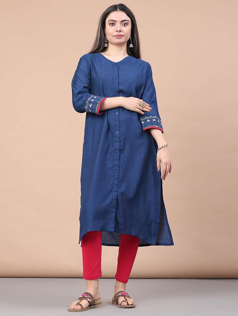 women solid three quarter sleeve a-line kurta - 21977265 -  Standard Image - 1