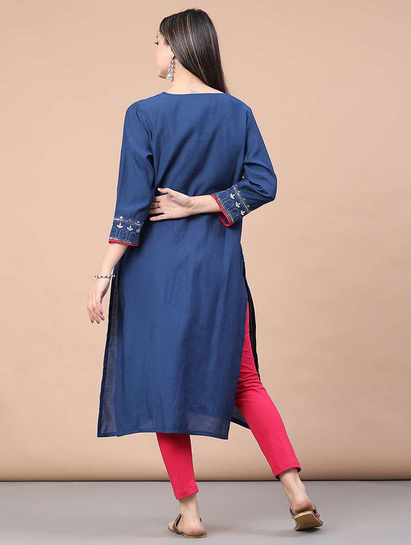 women solid three quarter sleeve a-line kurta - 21977265 -  Standard Image - 4