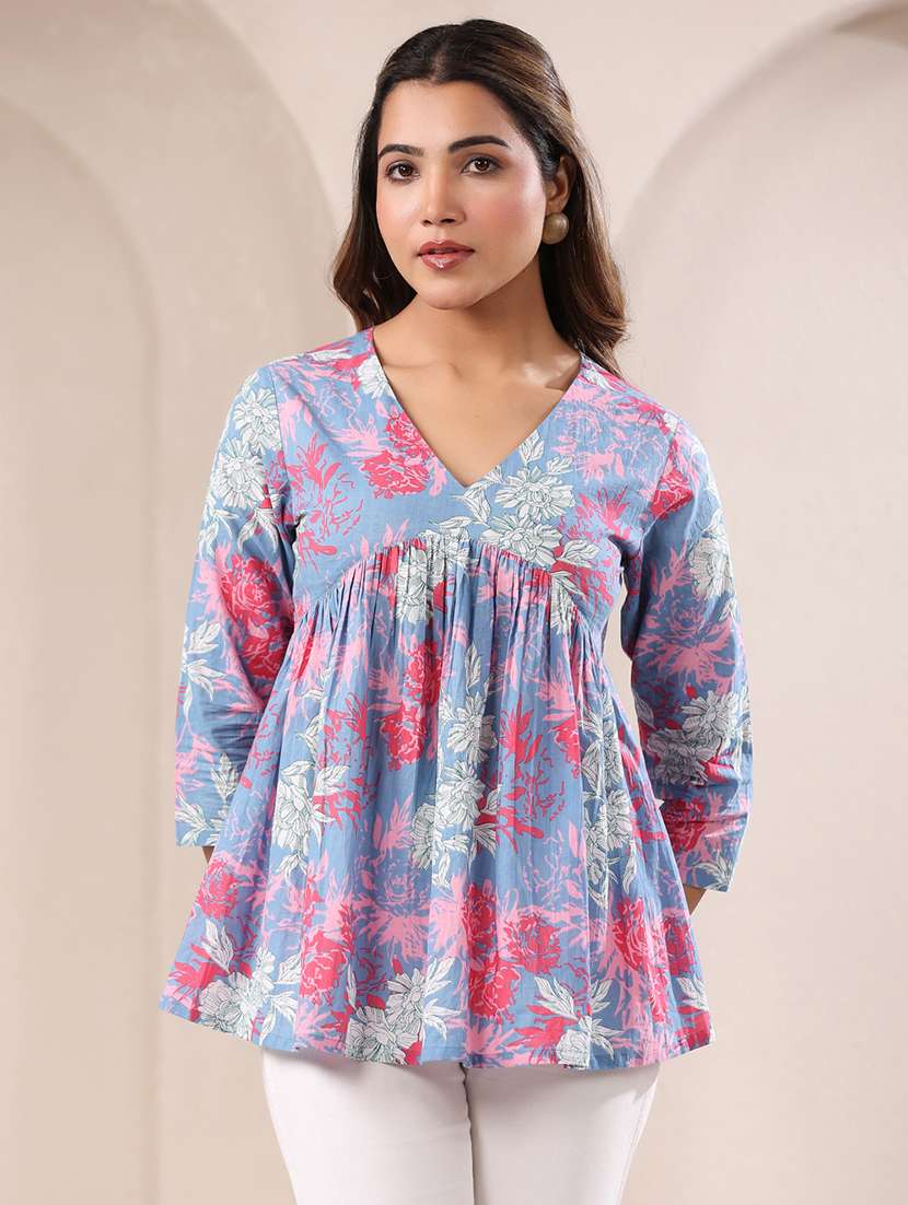 women floral three quarter sleeve ethnic top - 21977277 -  Standard Image - 1