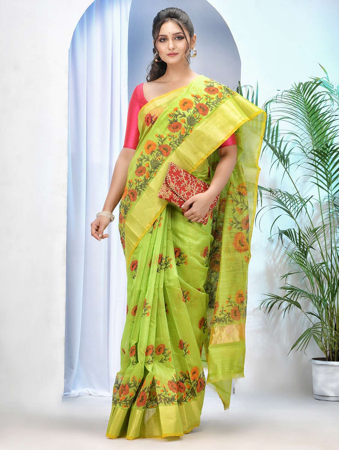women floral bordered saree with blouse - 21977389 -  Standard Image - 1