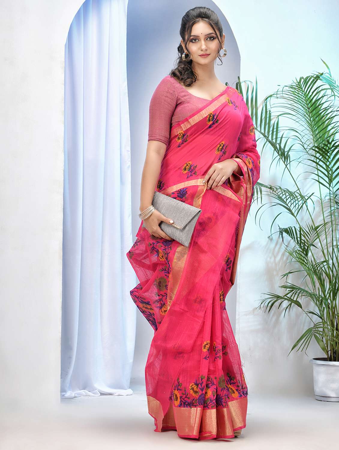women floral bordered saree with blouse - 21977390 -  Standard Image - 1