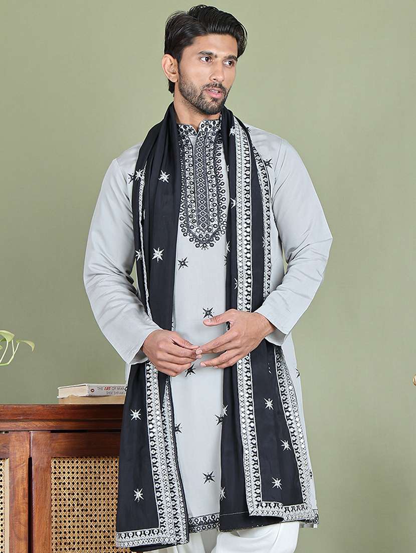 men embroidered mandarin neck kurta with dupatta