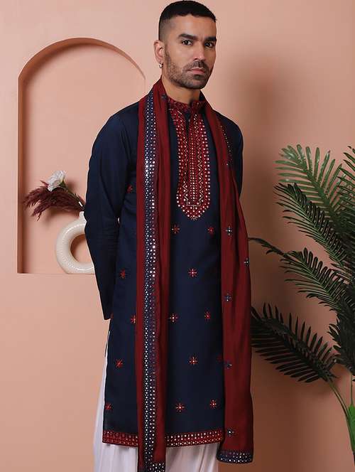 men embroidered mandarin neck kurta with dupatta - 21977397 - Standard Image - 0