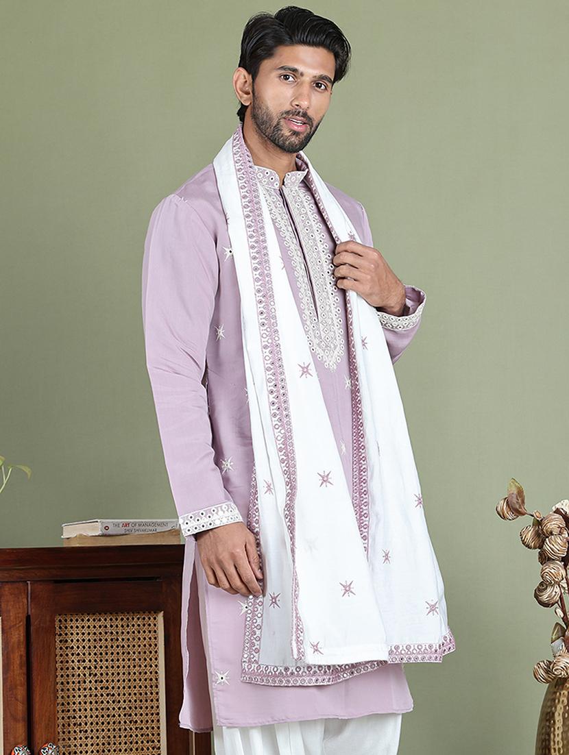men embroidered mandarin neck kurta with dupatta - 21977400 - Standard Image - 1