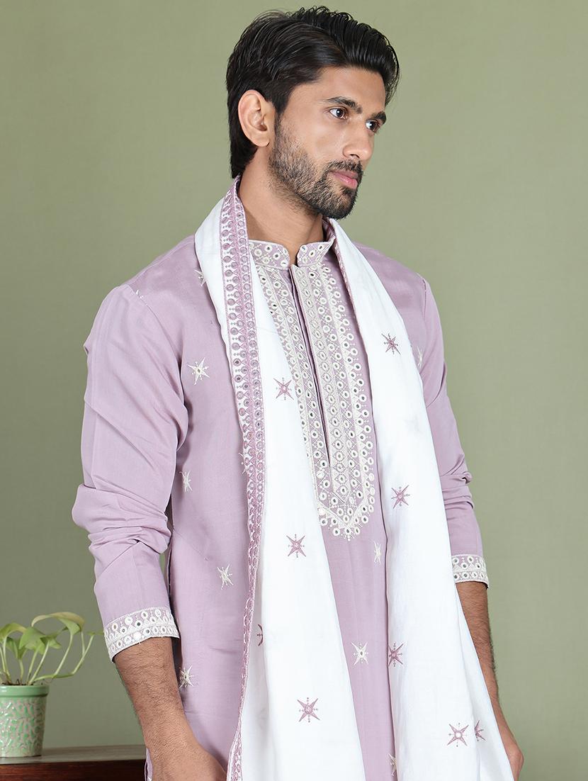 men embroidered mandarin neck kurta with dupatta - 21977400 - Standard Image - 4