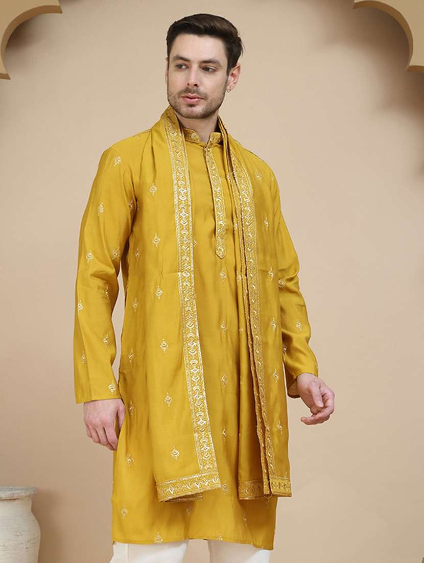 men embroidered mandarin neck kurta with dupatta - 21977403 -  Standard Image - 1