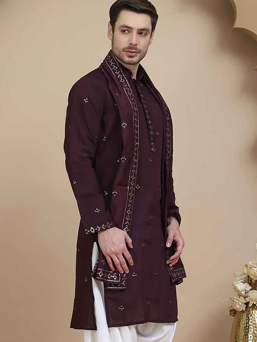 men embroidered mandarin neck kurta with dupatta - 21977404 -  Standard Image - 1