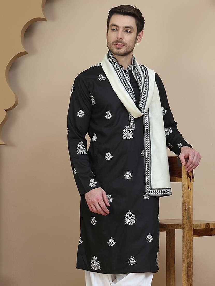 men embroidered mandarin neck kurta with dupatta