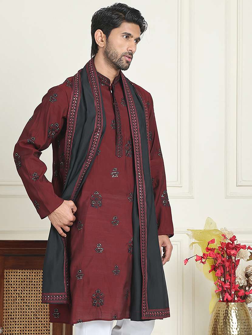 men embroidered mandarin neck kurta with dupatta - 21977406 -  Standard Image - 1