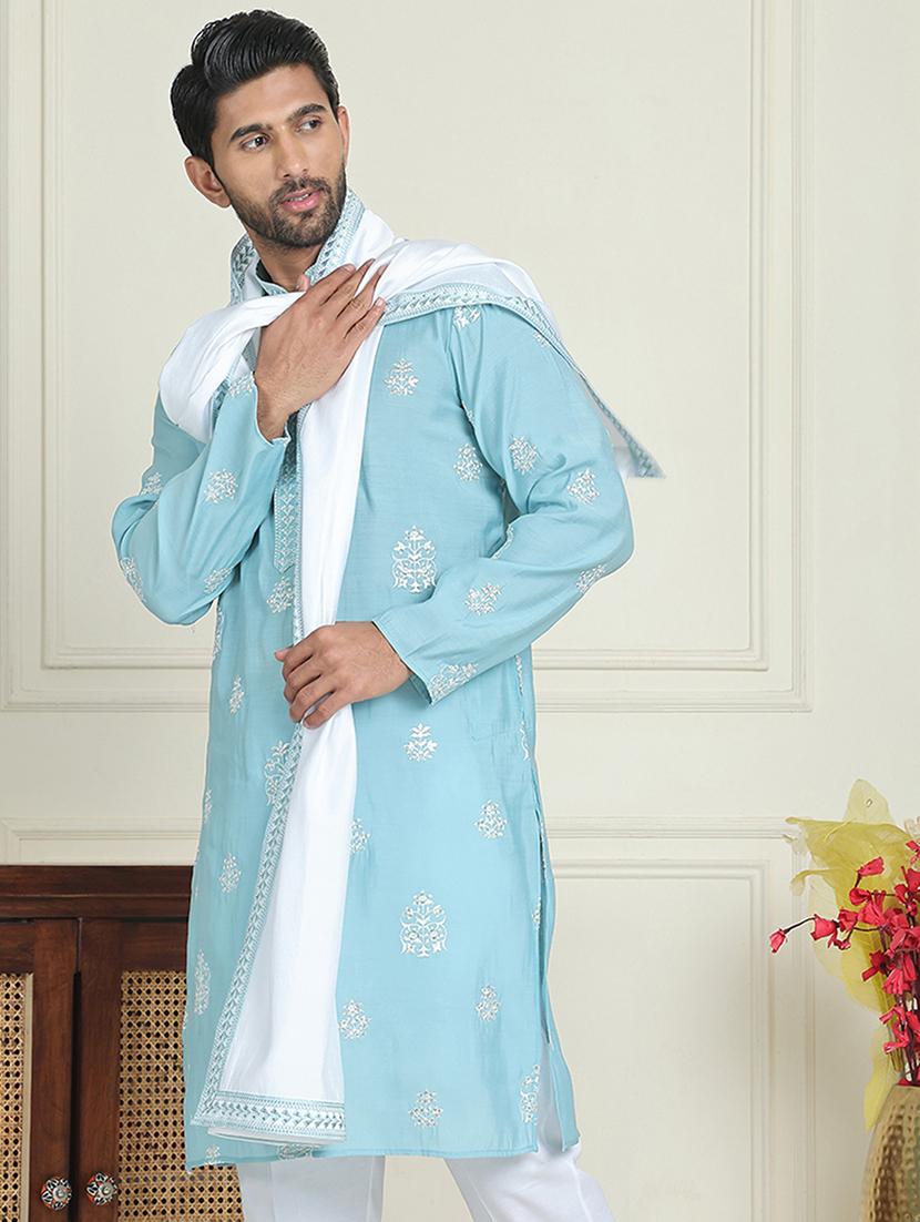 men embroidered mandarin neck kurta with dupatta - 21977408 -  Standard Image - 1