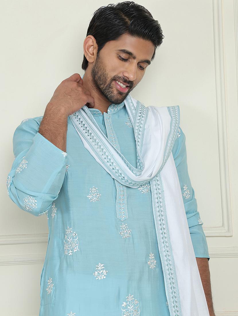 men embroidered mandarin neck kurta with dupatta - 21977408 - Standard Image - 4