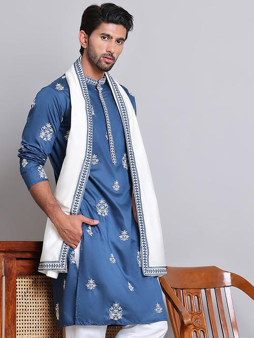 men embroidered mandarin neck kurta with dupatta - 21977409 - Standard Image - 0