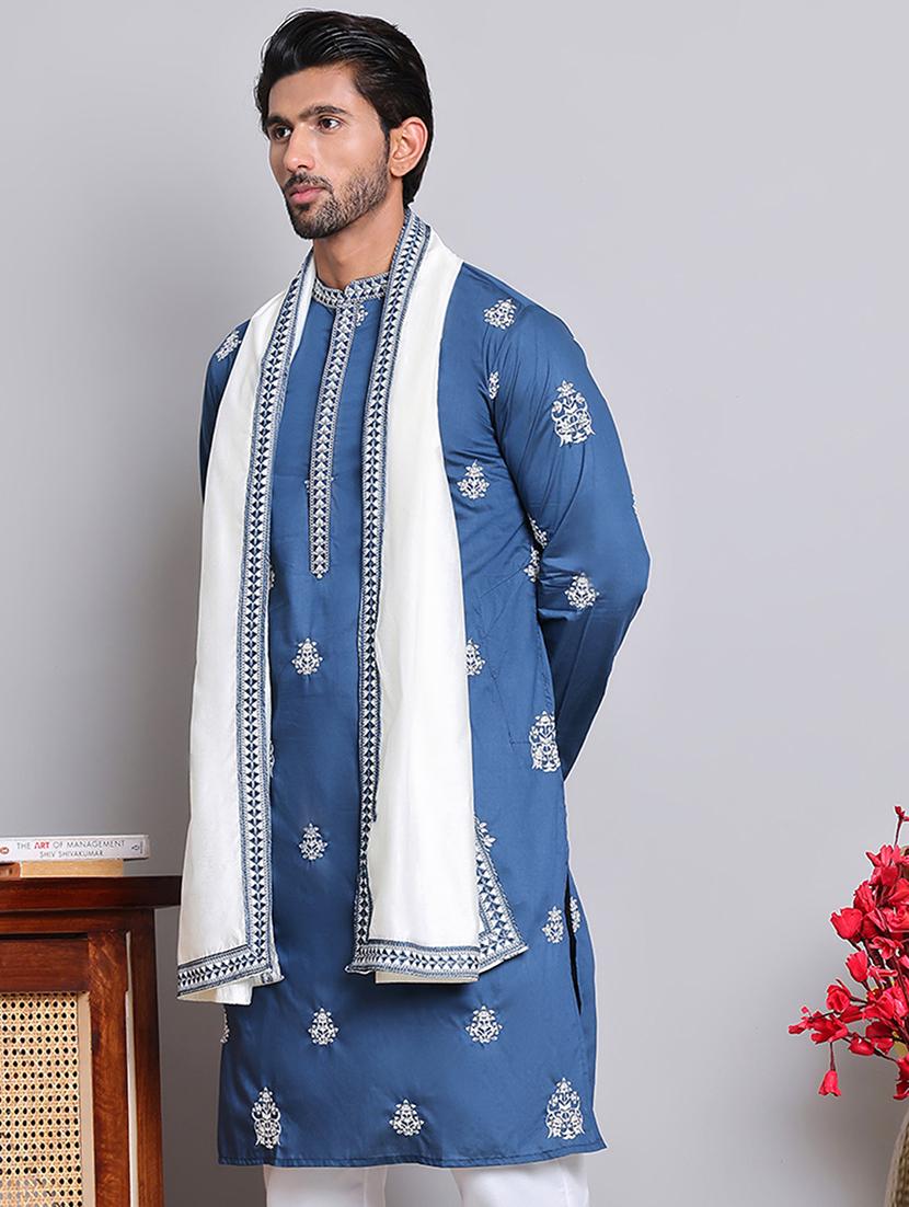 men embroidered mandarin neck kurta with dupatta - 21977409 -  Standard Image - 1