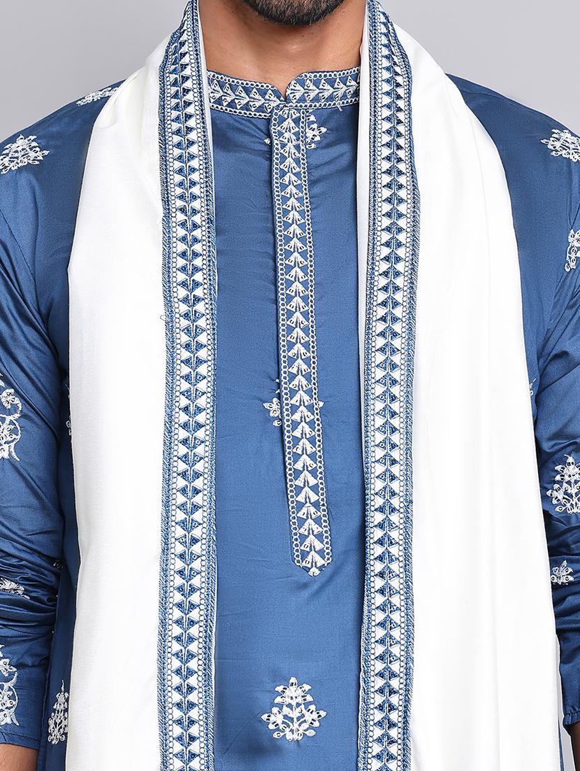 men embroidered mandarin neck kurta with dupatta - 21977409 - Standard Image - 4