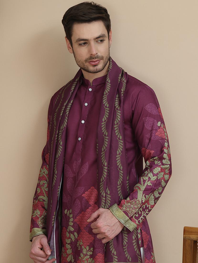 men embroidered mandarin neck kurta with dupatta - 21977412 - Standard Image - 4