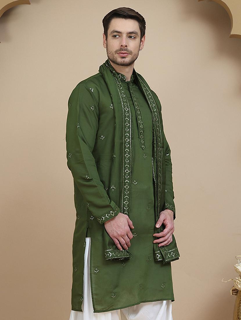 men embroidered mandarin neck kurta with dupatta - 21977413 - Standard Image - 1