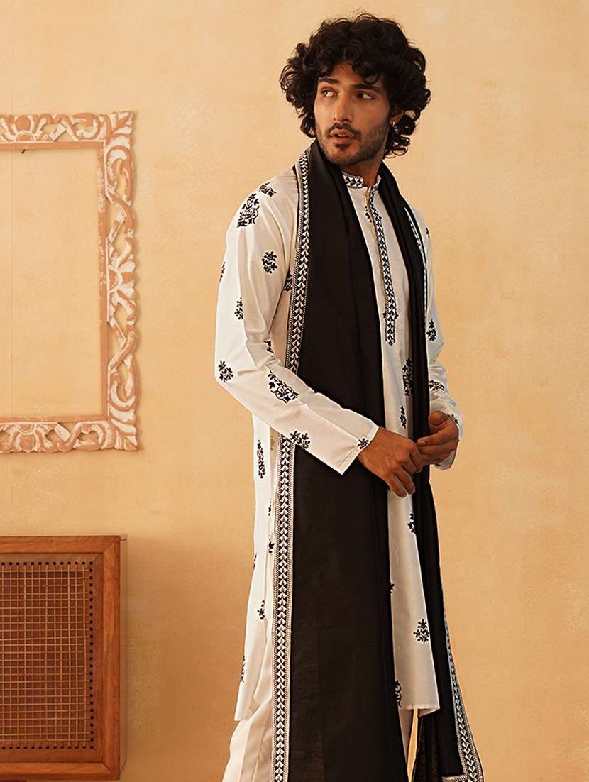 men embroidered mandarin neck kurta with dupatta - 21977414 -  Standard Image - 1