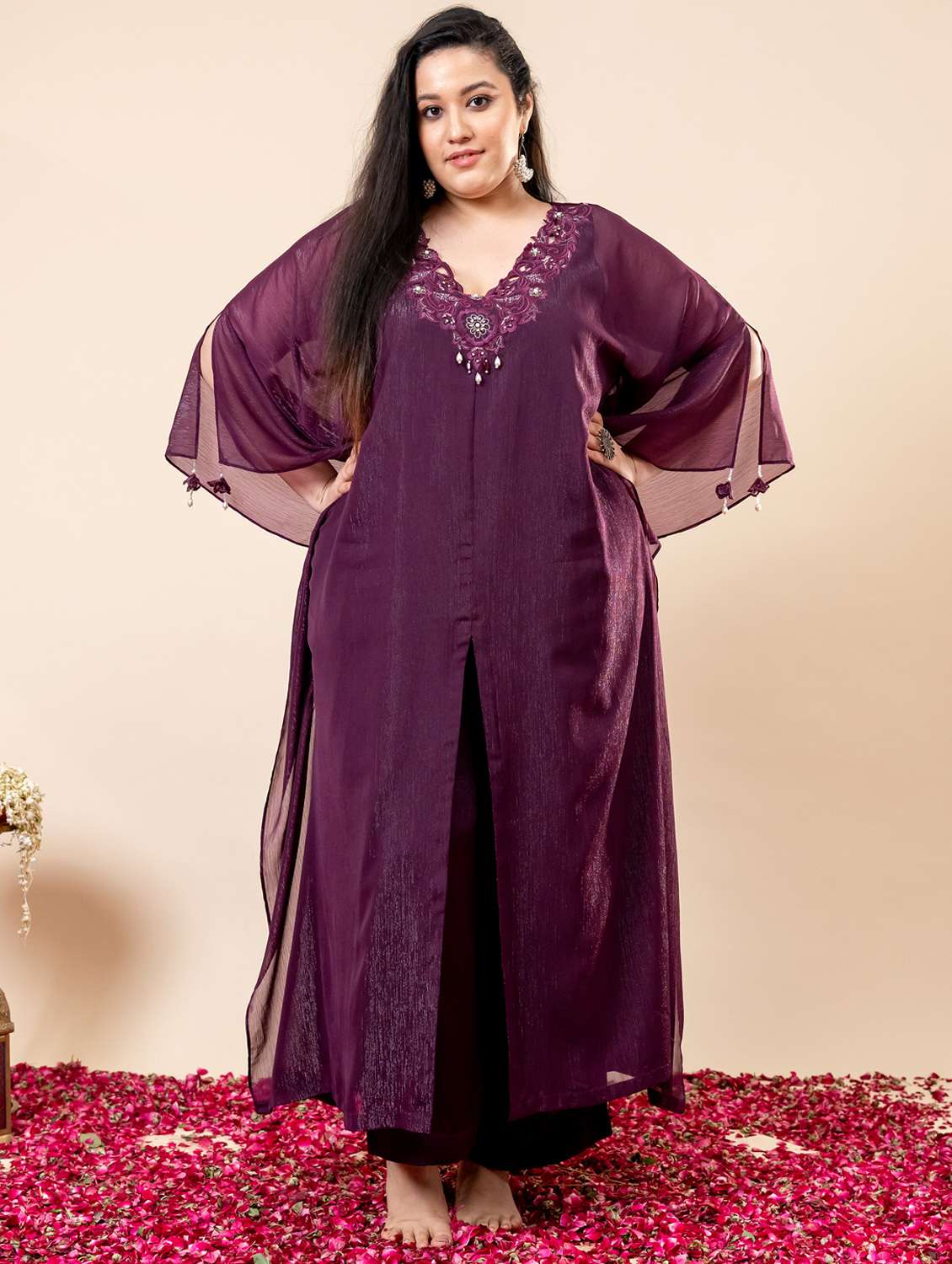 women solid with work kimono sleeve kaftan kurta pant set - 21977711 - Standard Image - 1