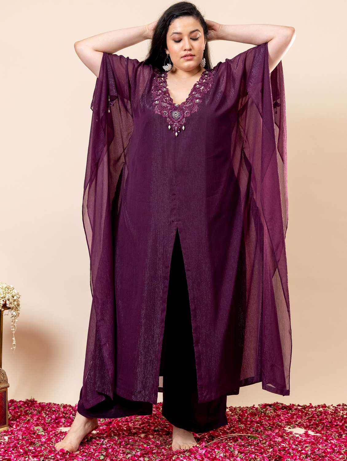 women solid with work kimono sleeve kaftan kurta pant set - 21977711 - Standard Image - 4