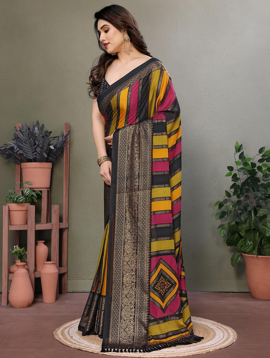 women striped printed saree with blouse - 21977877 -  Standard Image - 1