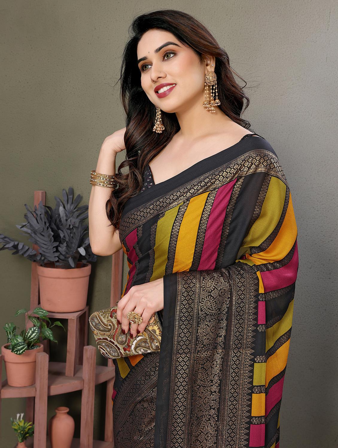 women striped printed saree with blouse - 21977877 - Standard Image - 4