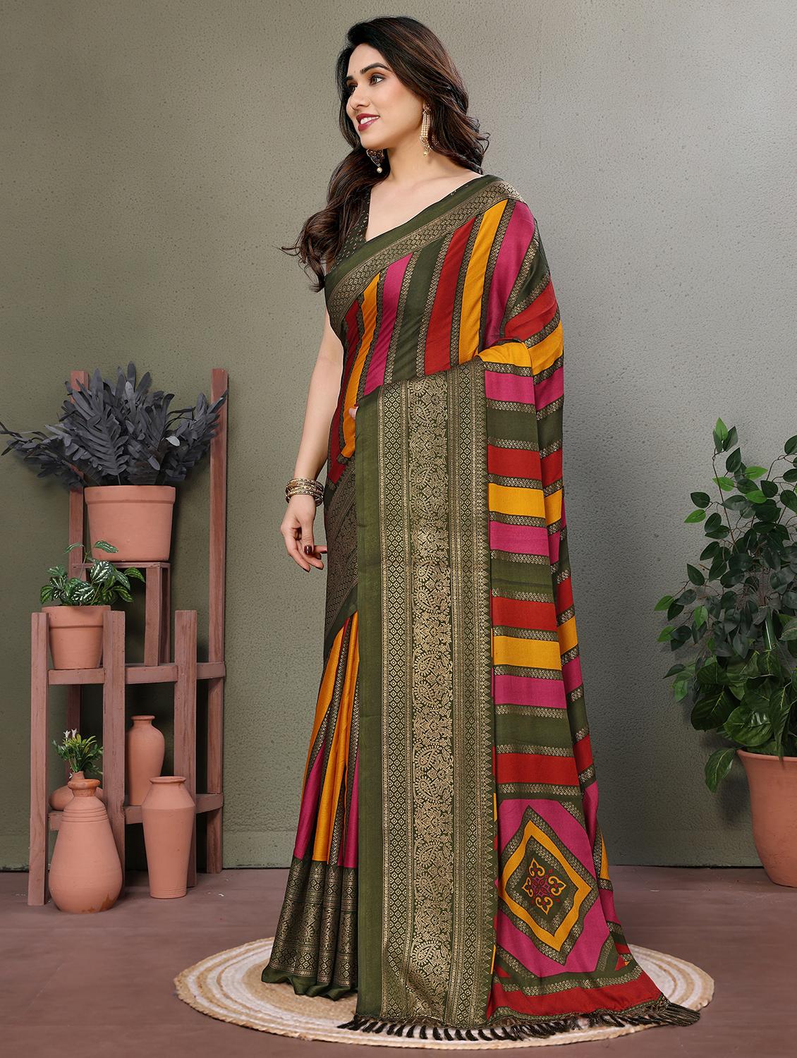 women olive printed saree with blouse - 21977881 - Standard Image - 1