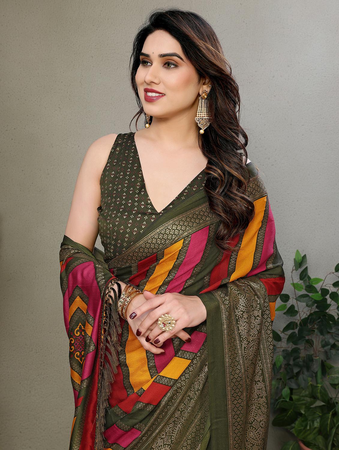 women olive printed saree with blouse - 21977881 - Standard Image - 4