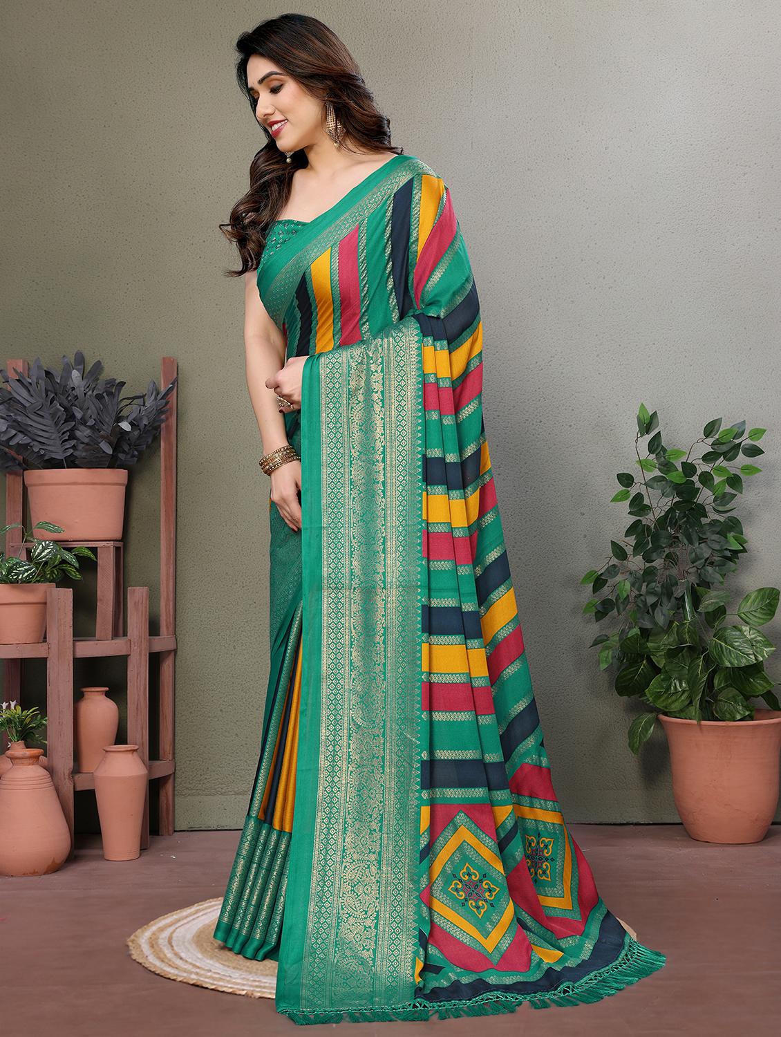 women sea green printed saree with blouse - 21977882 -  Standard Image - 1