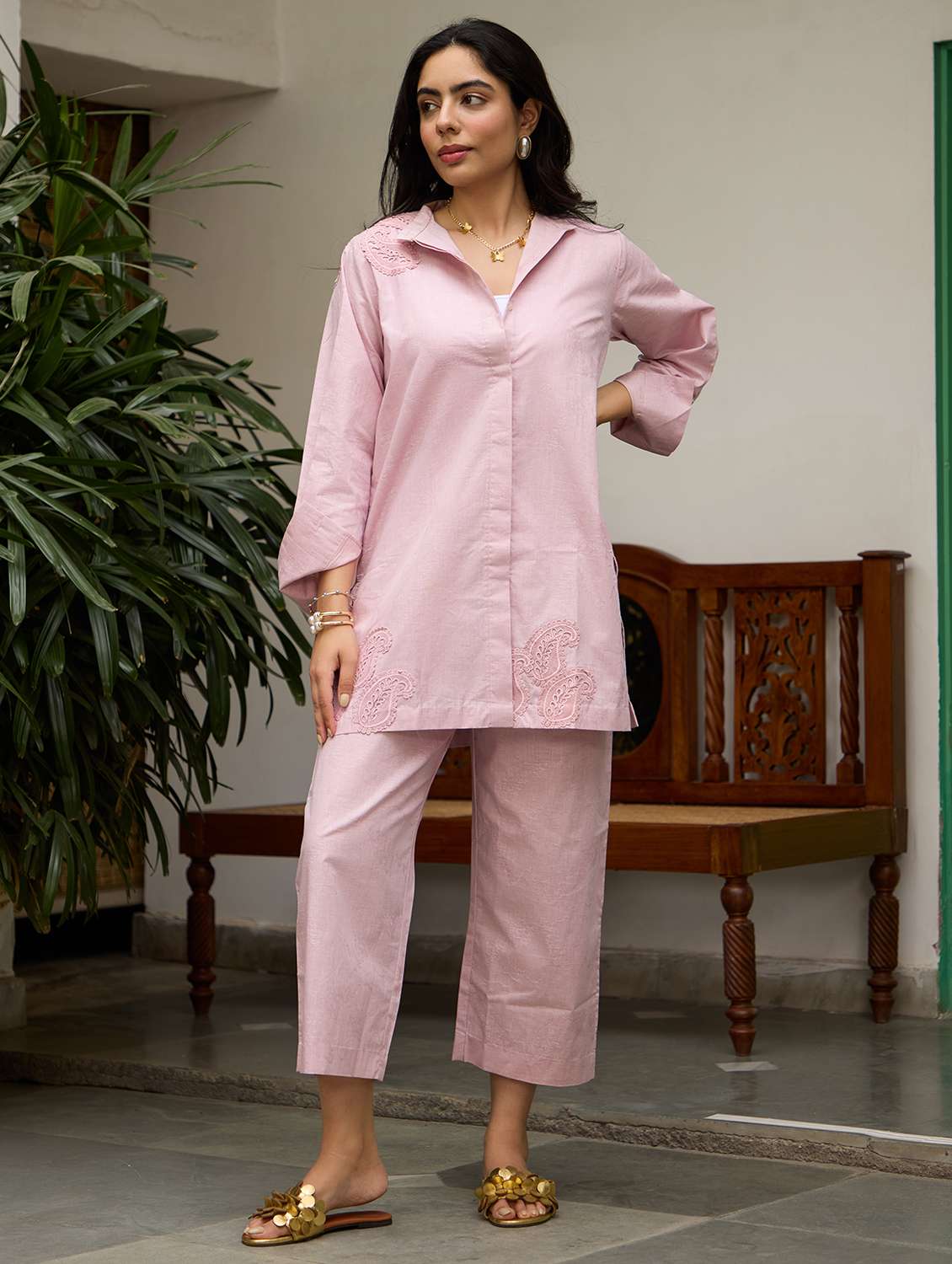 women patch work long sleeve relaxed fit co ord set