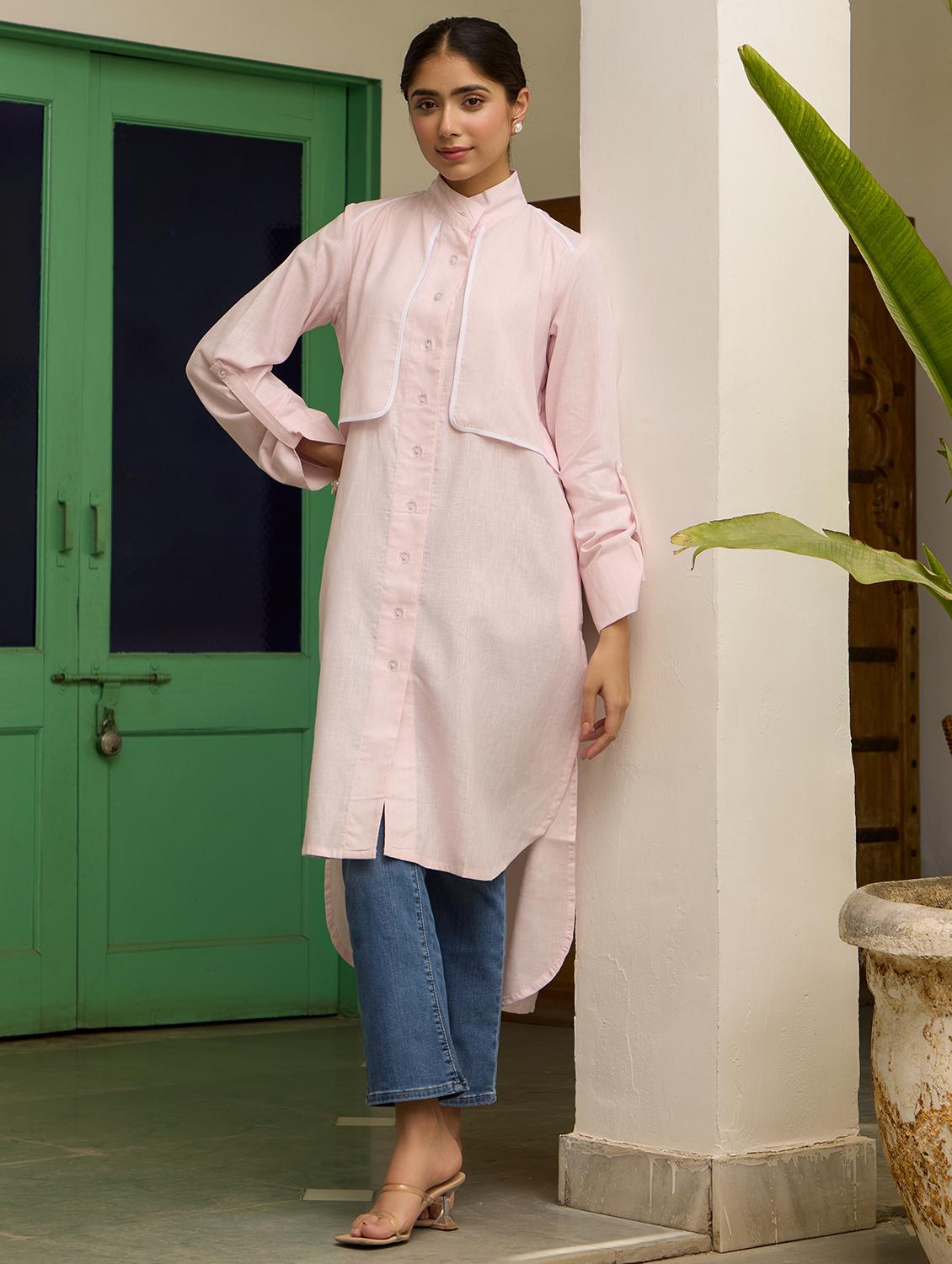 women solid long sleeve high low kurta