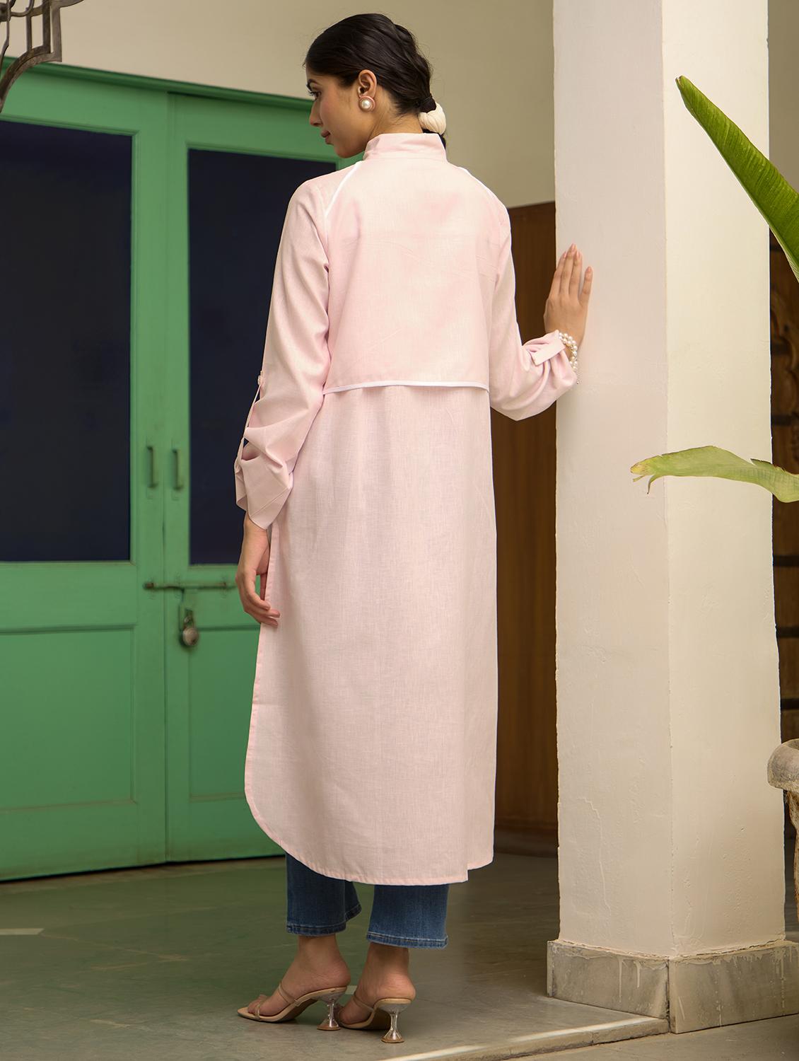 women solid long sleeve high low kurta - 21978011 -  Standard Image - 1