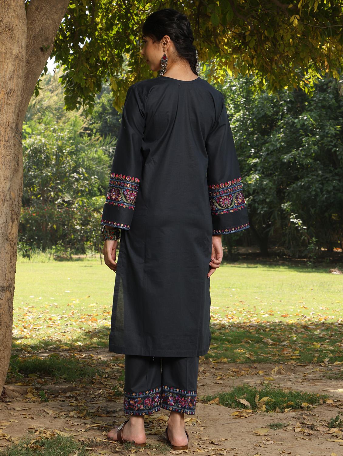 women solid with work long sleeve kurta pant set - 21978015 - Standard Image - 1