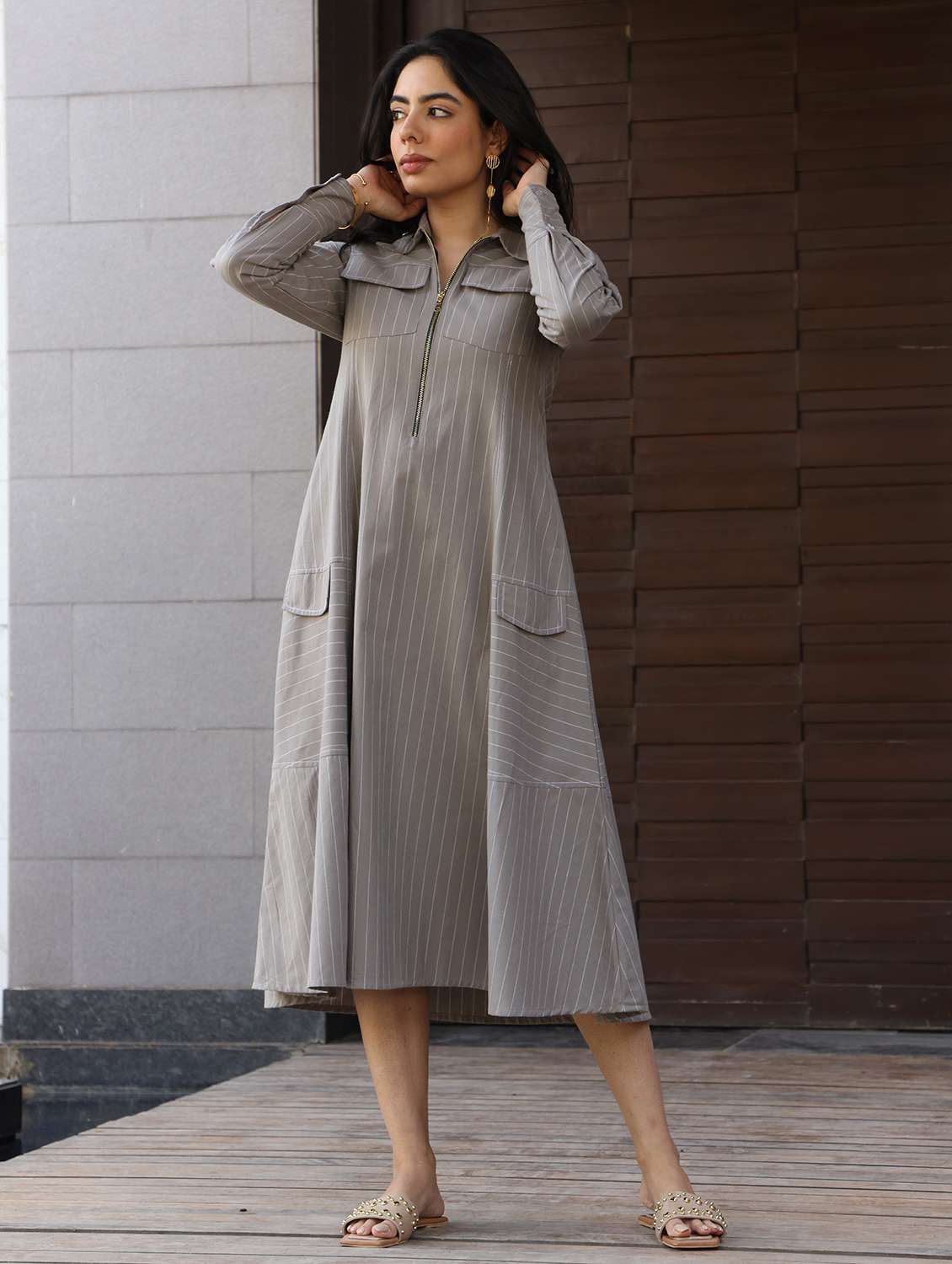 women striped long sleeve a-line ethnic dress - 21978022 -  Standard Image - 1