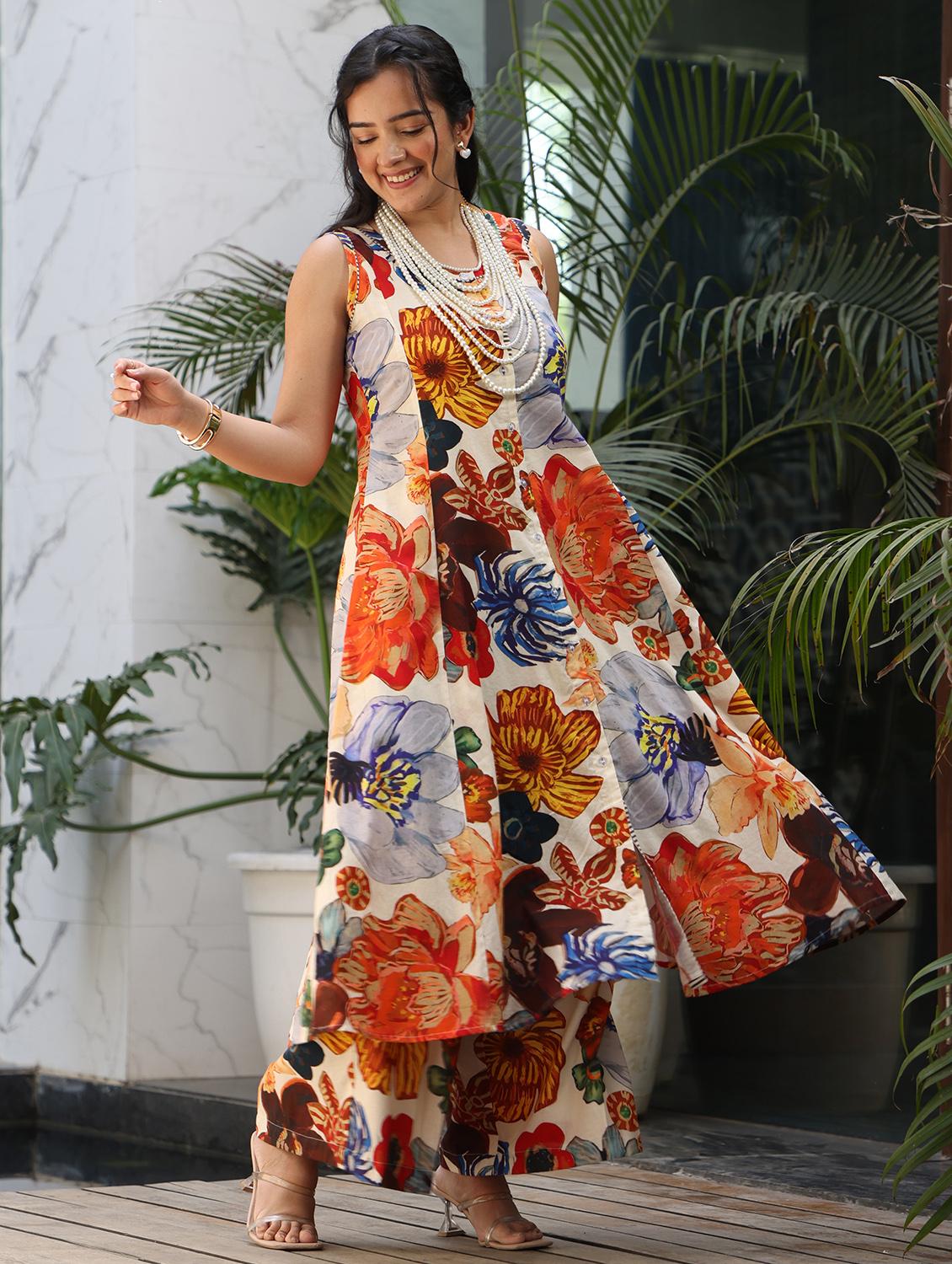 women floral printed sleeveless kurta palazzo set - 21978026 - Standard Image - 1