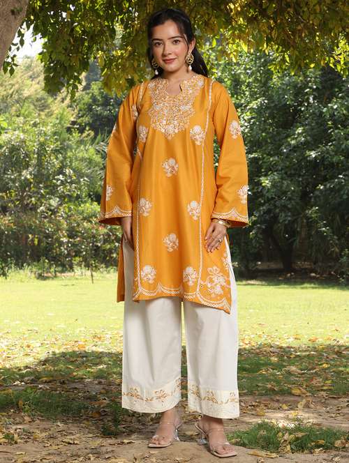 women solid with work long sleeve straight kurta - 21978032 - Standard Image - 0