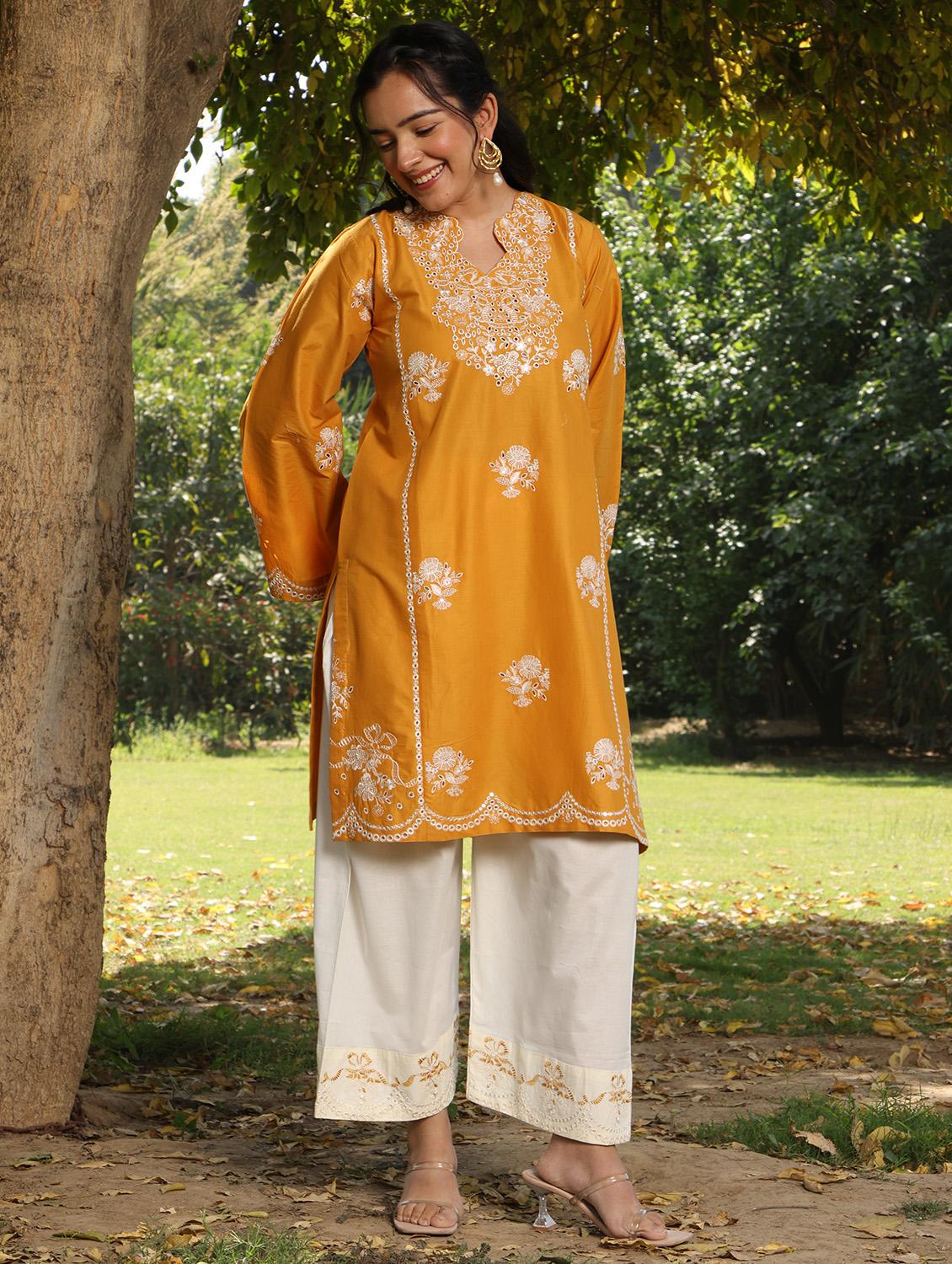 women solid with work long sleeve straight kurta - 21978032 -  Standard Image - 1