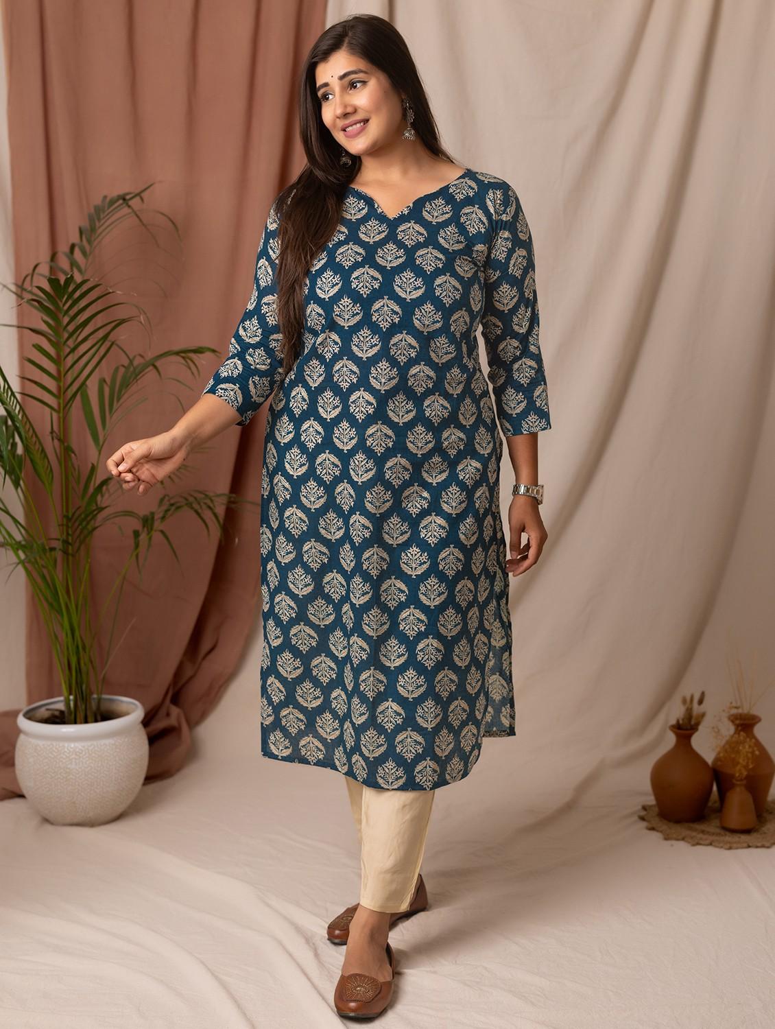 women printed three quarter sleeve a-line kurta