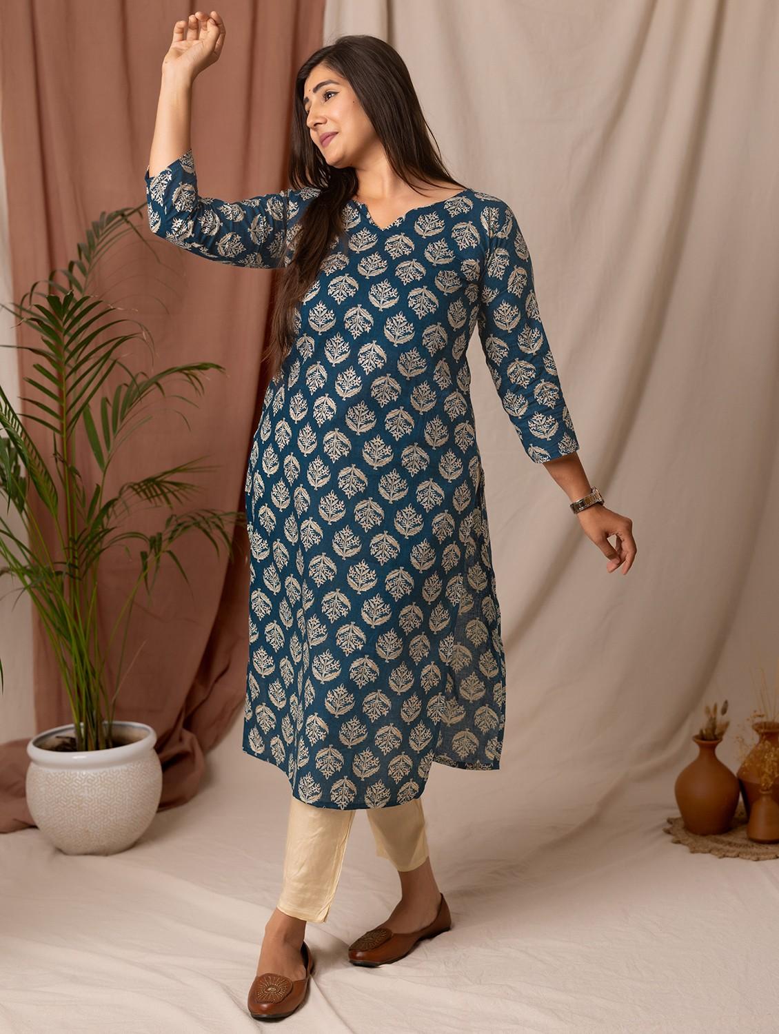 women printed three quarter sleeve a-line kurta - 21978036 -  Standard Image - 1