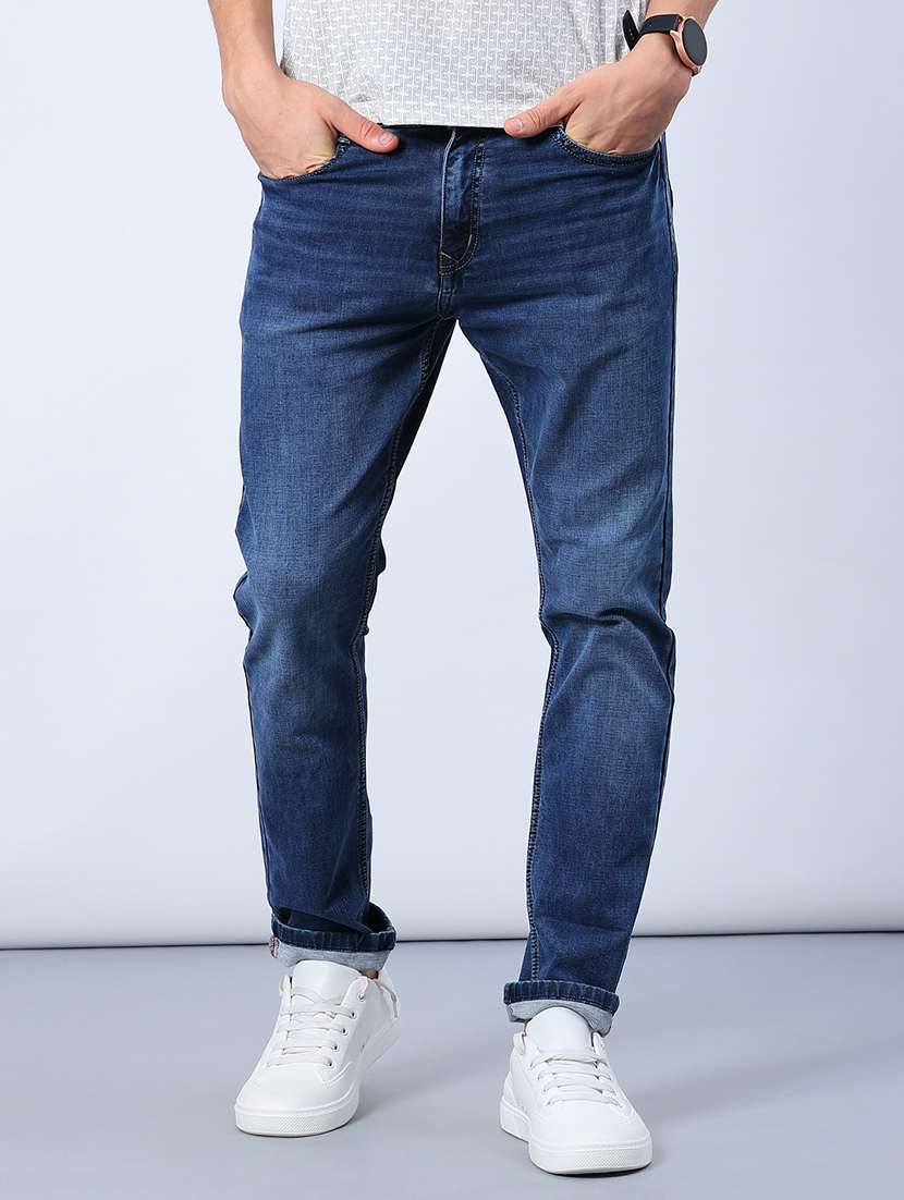 men washed mid rise full length jeans