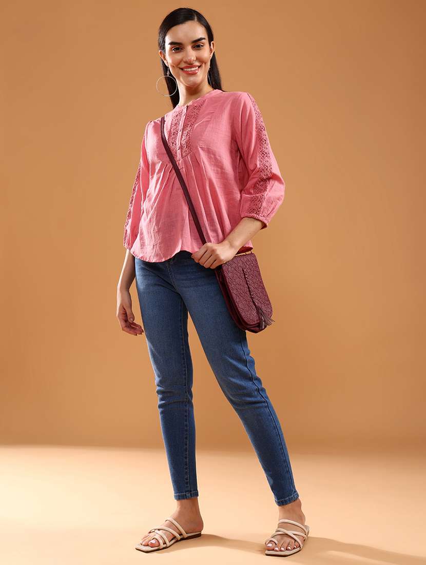 women solid three quarter sleeve lace detailed kurti - 21978132 -  Standard Image - 4