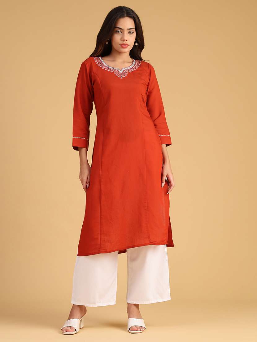 women embroidered three quarter sleeve straight kurta - 21978154 -  Standard Image - 1
