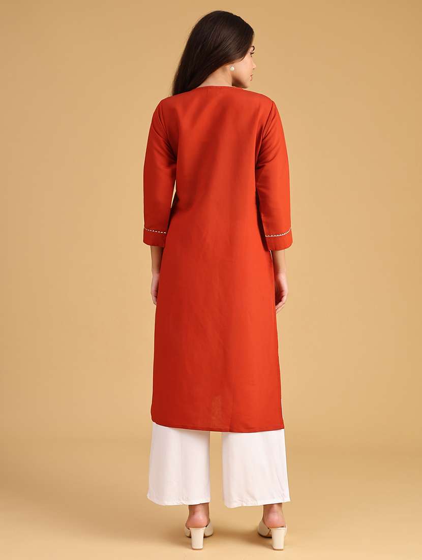 women embroidered three quarter sleeve straight kurta - 21978154 -  Standard Image - 4