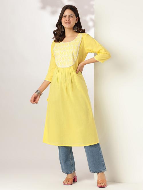 women solid with work three quarter sleeve a-line kurta - 21978438 - Standard Image - 0
