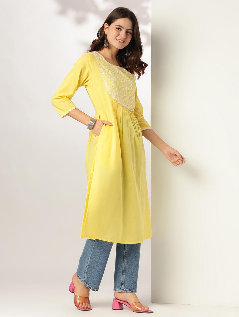 women solid with work three quarter sleeve a-line kurta - 21978438 - Standard Image - 1