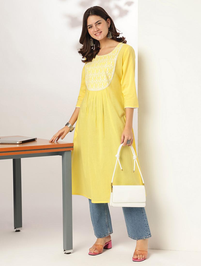 women solid with work three quarter sleeve a-line kurta - 21978438 - Standard Image - 4
